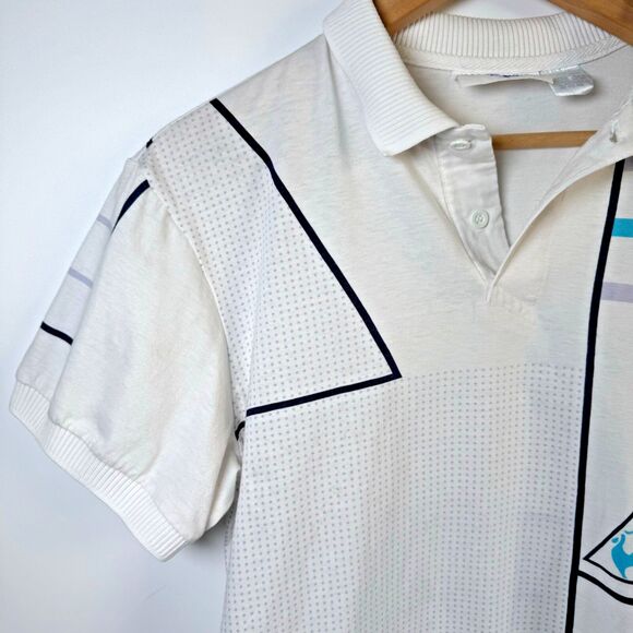 Le Coq Sportif Futuriste Polo Shirt Mens Small White Geometric Made in Japan - Picture 3 of 11